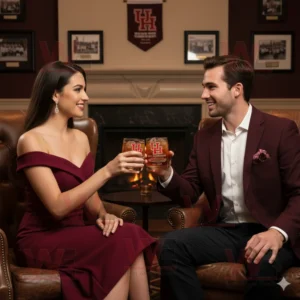 A man and woman in maroon outfits clinking Houston Cougars whiskey glasses by a fireplace!