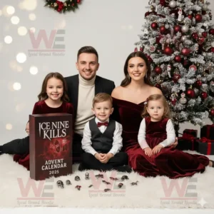 A family sitting beside a Christmas tree with an Ice Nine Kills 2025 advent calendar.