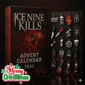 An Ice Nine Kills 2025 advent calendar box opened showing horror themed collectibles.
