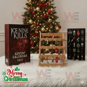An Ice Nine Kills 2025 advent calendar with collectible charms displayed in front of a Christmas tree.