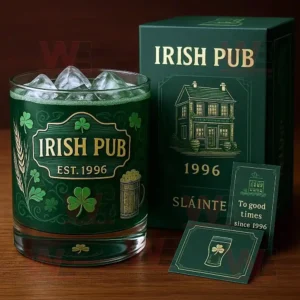 A green Irish Pub 1996 whiskey glass with ice next to a matching gift box.