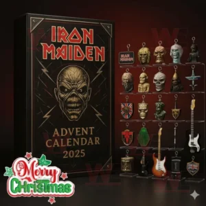 A close up of the Iron Maiden Advent Calendar 2025 with small collectible band themed items.