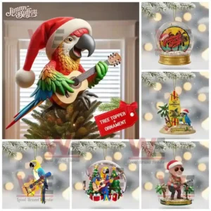 Jimmy Buffett parrot tree topper and tropical Christmas ornaments.