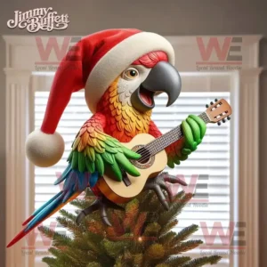 Parrot Christmas ornament wearing Santa hat and holding green cocktail.