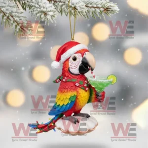 Colorful parrot tree topper wearing Santa hat and playing guitar.