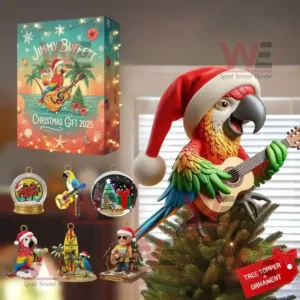 Jimmy Buffett Christmas Gift 2025 set with parrot tree topper and tropical ornaments.