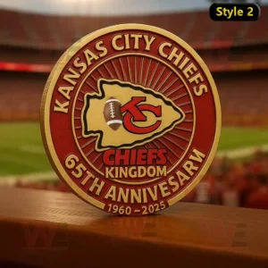 Kansas City Chiefs 65th Anniversary Coin 3 Kansas City Chiefs 65th Anniversary commemorative coin with Chiefs logo and football, set in a football stadium.