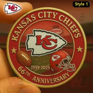 Kansas City Chiefs 66th Anniversary commemorative coin with team logo and football helmet.