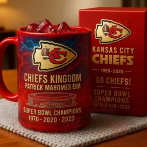 A red Kansas City Chiefs mug with team logo and Super Bowl championship years printed on it!```