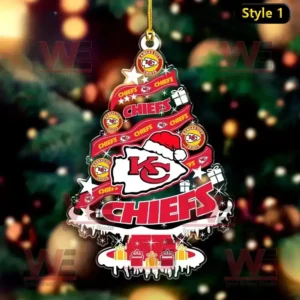 Kansas City Chiefs themed Christmas tree ornament with team logos and a Santa hat on the main emblem.