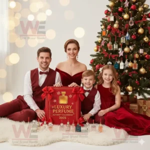 A family holding a Luxury Perfume Advent Calendar 2025 beside a Christmas tree decorated with perfume bottles.