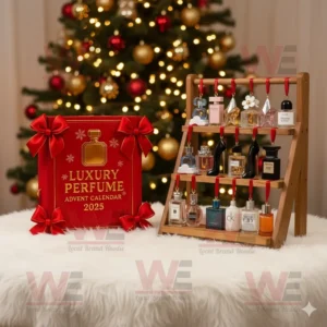 A Luxury Perfume Advent Calendar 2025 with a wooden display of miniature perfume bottles in front of a Christmas tree.