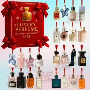 A Luxury Perfume Advent Calendar 2025 surrounded by small luxury perfume bottles.