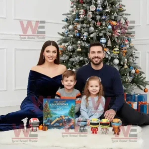 Family sitting by a Christmas tree with McLaren Champions Advent Calendar 2025 and racing figures.