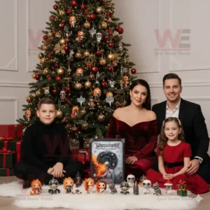 A family sitting beside a Christmas tree with a Megadeth Advent Calendar 2025 and collectible figures.