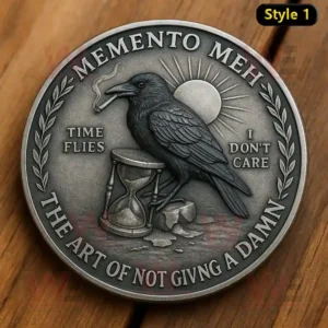 Memento Meh commemorative coin with a raven, hourglass, and the text "The Art of Not Giving a Damn."
