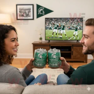 Couple celebrating Michigan State University’s 170th Anniversary with commemorative glasses while watching a game.