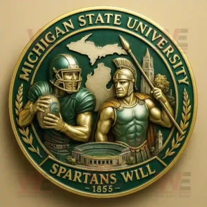 Michigan State University commemorative coin with a football player, Spartan warrior, and "Spartans Will" motto.