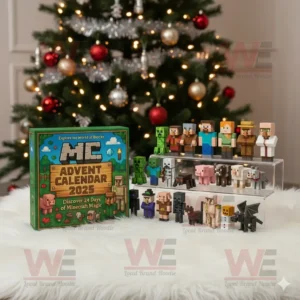 A Minecraft Advent Calendar 2025 with miniature Minecraft characters and animals in front of a Christmas tree.