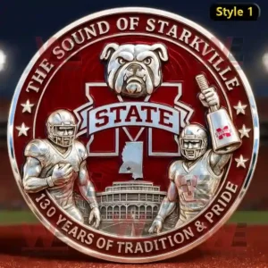 A commemorative coin featuring Mississippi State Bulldogs logo football players and stadium design.