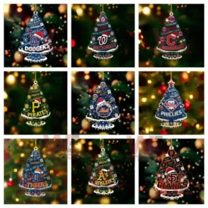 Christmas ornaments shaped like trees with MLB team designs.
