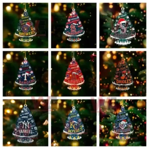 Colorful Christmas tree ornaments representing various MLB teams.