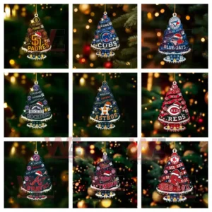 Christmas tree ornaments featuring MLB team logos and colors.