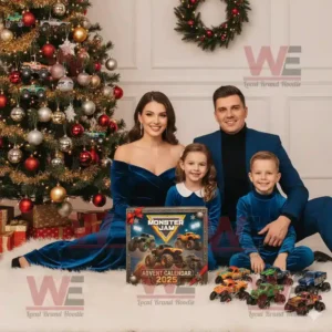 Family sitting by a Christmas tree with Monster Jam Advent Calendar 2025 and toy monster trucks.
