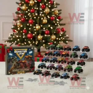 Monster Jam Advent Calendar 2025 with mini monster truck models displayed in front of a Christmas tree.