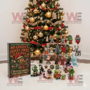 Mr. Gasser’s Greasy Xmas Garage Advent Calendar 2025 with unique collectible figures displayed in front of a Christmas tree.