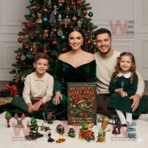 Family sitting by a Christmas tree with Mr. Gasser’s Greasy Xmas Garage Advent Calendar 2025 and collectible figures.