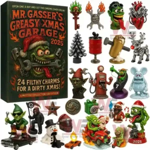Mr. Gasser’s Greasy Xmas Garage Advent Calendar 2025 with a variety of quirky collectible miniatures.