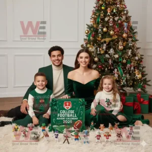 Family sitting near a Christmas tree with the 2025 College Football Advent Calendar and small football mascot figures displayed in front!