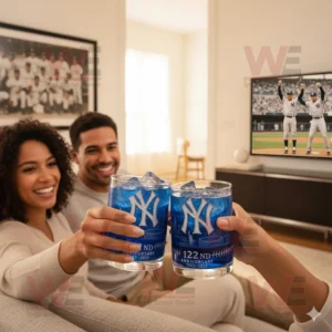 New York Yankees 122nd Anniversary 1903-2025 Glass 5 Couple celebrating New York Yankees 122nd Anniversary with commemorative glasses while watching the game.