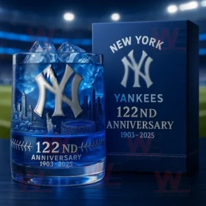 New York Yankees 122nd Anniversary 1903-2025 Glass 6 New York Yankees 122nd Anniversary commemorative glass with blue ice and matching box in a stadium-like setting.