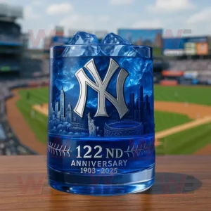 New York Yankees 122nd Anniversary 1903-2025 Glass 7 New York Yankees 122nd Anniversary commemorative glass with blue ice, set against the Yankees stadium backdrop.