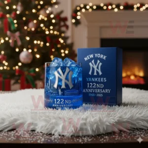 New York Yankees 122nd Anniversary glass with blue ice and matching box, set against a Christmas tree background.