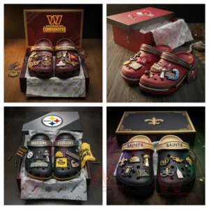 NFL Team Football Crocs Clogs 9 NFL team Crocs for Commanders Buccaneers Steelers and Saints with themed boxes and charms!