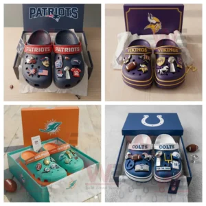 NFL Team Football Crocs Clogs 10 NFL Crocs for Patriots Vikings Dolphins and Colts displayed in colorful team boxes!