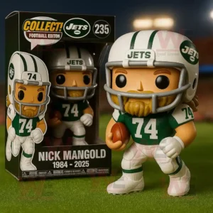 A collectible figure of Nick Mangold wearing a New York Jets uniform and holding a football!```