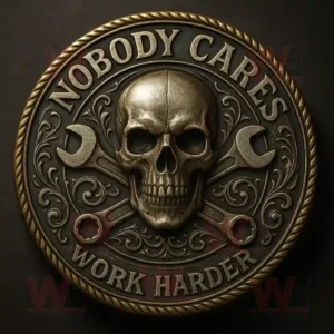 "Nobody Cares, Work Harder" commemorative coin featuring a skull and crossed wrenches.