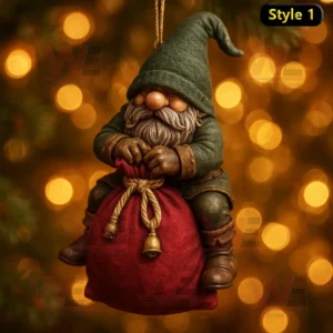 Nordic gnome ornament sitting on a red gift sack with warm Christmas lights in the background.