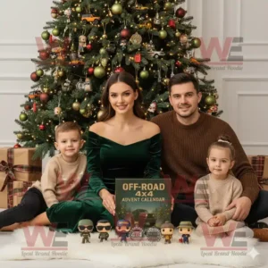 Family sitting by a Christmas tree with Off-Road 4x4 Advent Calendar 2025 and off-road vehicle toys.