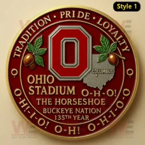 Ohio State Buckeyes commemorative coin featuring the red O logo, acorn leaves, and text about Ohio Stadium and Buckeye Nation.