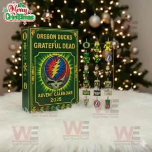 An Oregon Ducks x Grateful Dead Advent Calendar 2025 with themed charms in front of a Christmas tree.