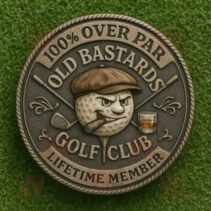 Old Bastards Golf Club Lifetime Member coin featuring a golf ball with a cigar and whiskey glass.