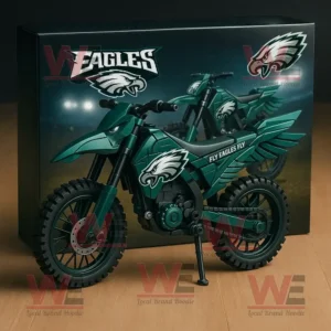 Green Philadelphia Eagles themed motorcycle model with eagle logo and Fly Eagles Fly text on display box!