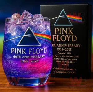 Pink Floyd 60th Anniversary Whiskey Glass 5 A close up of a Pink Floyd 60th Anniversary glass with purple ice beside a black box!