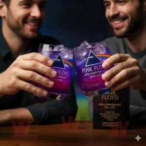Two men clinking Pink Floyd 60th Anniversary glasses with purple drinks and ice!
