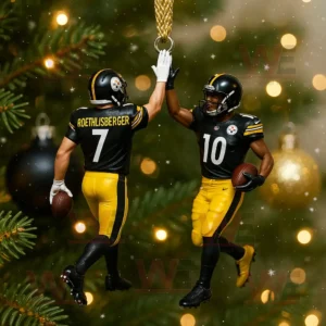 Two Pittsburgh Steelers players high fiving as a Christmas tree ornament.